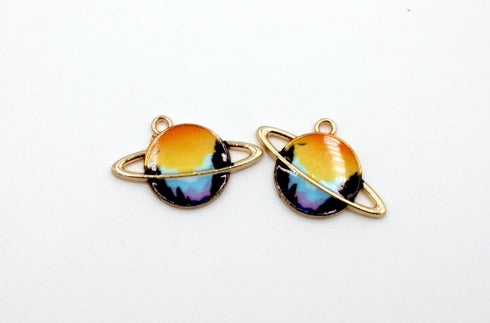 Galaxy Planet Charm, 24mm x 12mm, Mixed Metal, Sold As 2 Pieces.